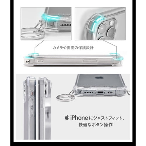 PHONECKLACE ストラップ用リング付きクリアケース for iPhone 13 Pro Max ガンブラックチャーム PN21617i13PMBK