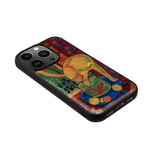 ikins 天然貝ケース for iPhone 14 Pro 魚と猫 背面カバー型 I23592i14P