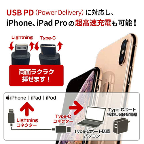 【5個セット】 エアージェイ Type-C to Lightning PVCノーマルケーブル 1m ブラック MCJ-100M-BKX5
