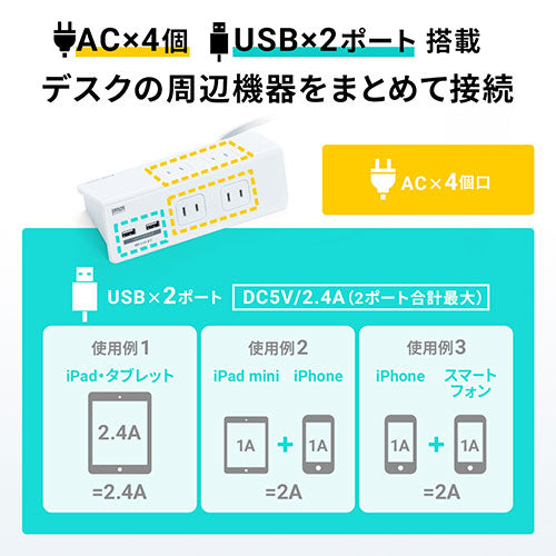 サンワサプライ クランプ固定式タップ (ホワイト色) TAP-B105U-3WN