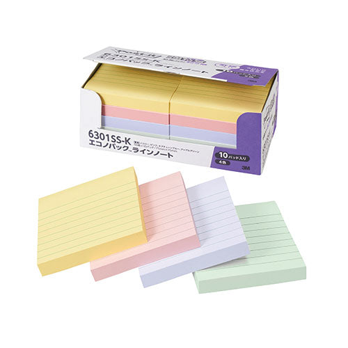 3M Post-it ポストイット エコノパック 強粘着ノート 罫線入パステル混色 3M-6301SS-K