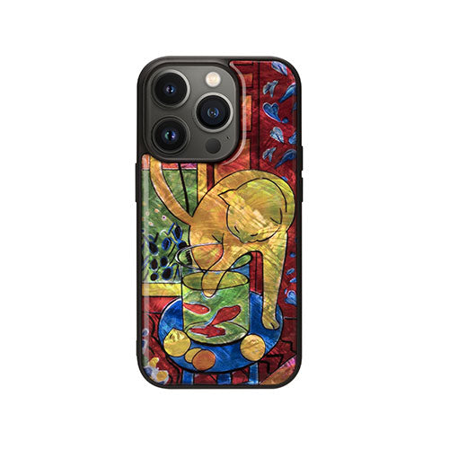 ikins 天然貝ケース for iPhone 14 Pro 魚と猫 背面カバー型 I23592i14P