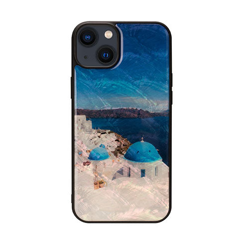 ikins 天然貝ケース for iPhone 14 Plus サントリーニ島 背面カバー型 I23599i14M