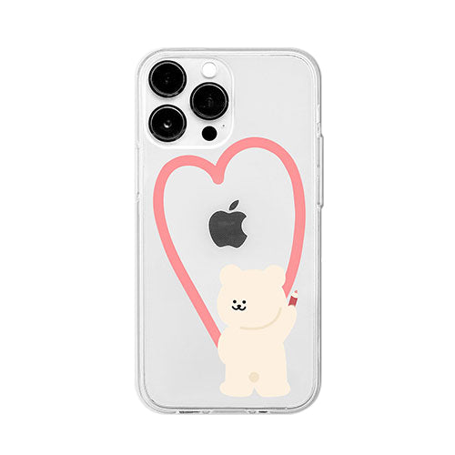 168cm ソフトクリアケース for iPhone 14 くまちゃんのお絵描きピンクハート 背面カバー型 16823833i14P