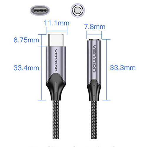VENTION USB-C Male to 3.5Mm イヤホンジャック 変換ケーブル DAC アダプター 1m Gray アルミニウム合金 BG-5923