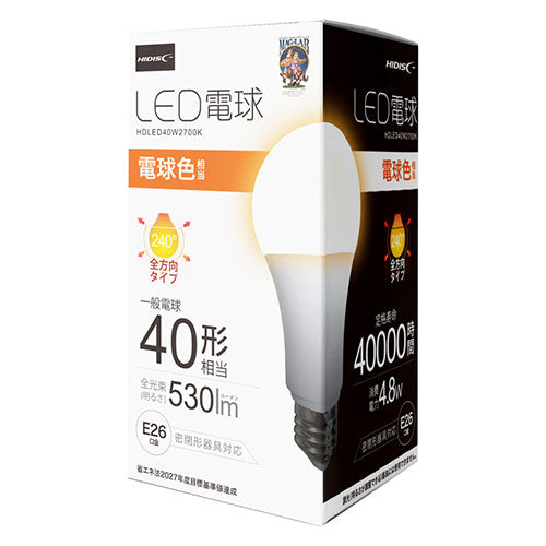 【10個セット】 HIDISC LED電球(一般電球40形相当) 電球色 HDLED40W2700KX10