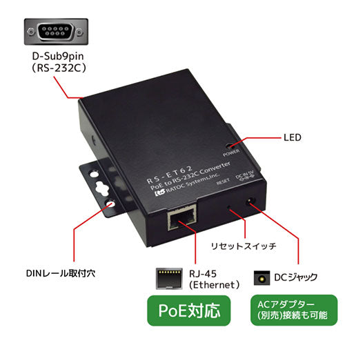 ラトックシステム PoE to RS-232C コンバーター RS-ET62