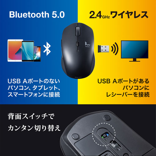 サンワサプライ 静音ワイヤレスブルーLEDコンボマウス(ブラック) MA-WBTBL193BK